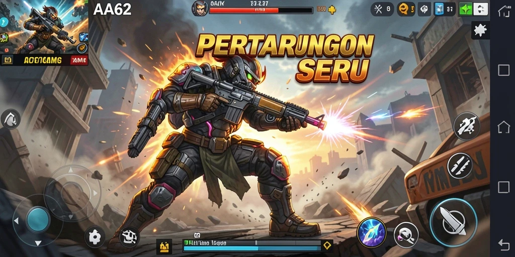 Screenshot utama AA62 menampilkan aksi pertarungan yang seru.