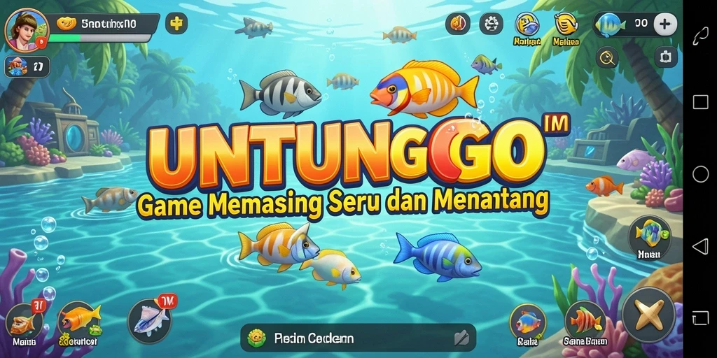 Screenshot utama UNTUNGGO menampilkan aksi memancing yang mendebarkan.